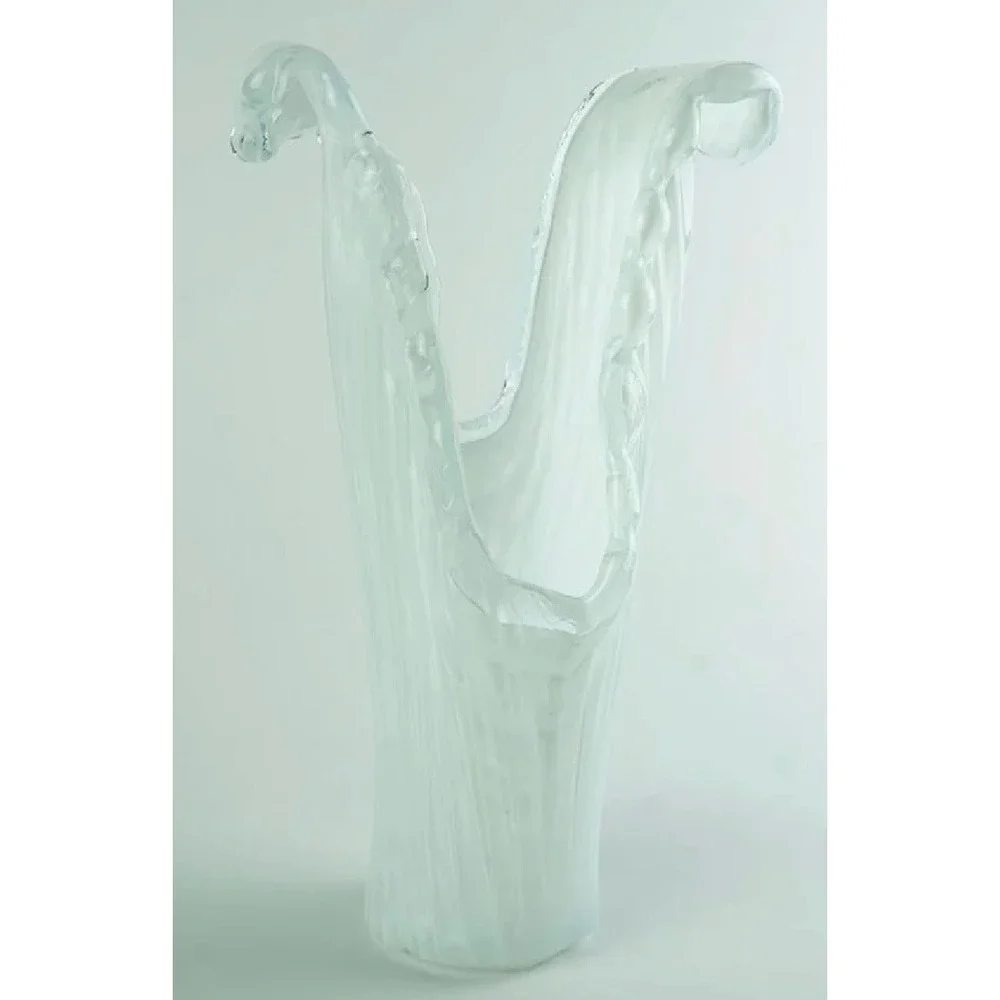 Vintage White Opalescent Hand Blown Glass Pulled Feather Art Vase 10.5